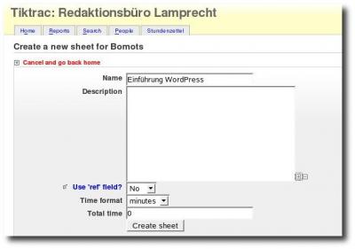 Anlegen eines neuen Sheets in Tiktrac