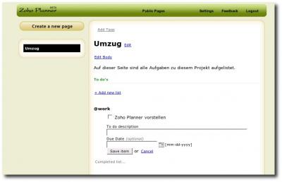 Oberfläche Zoho Planner